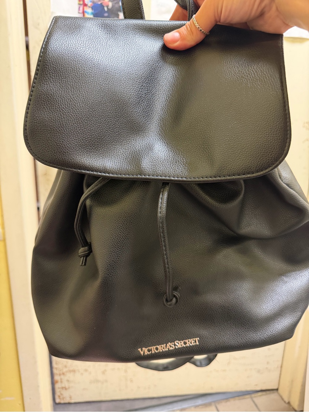 Victoria's Secret Black Faux-Leather Drawstring Backpack - Picture 1 of 4